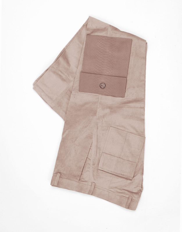 Cargo Pants: Tan Corduroy with Beige Leather Pockets