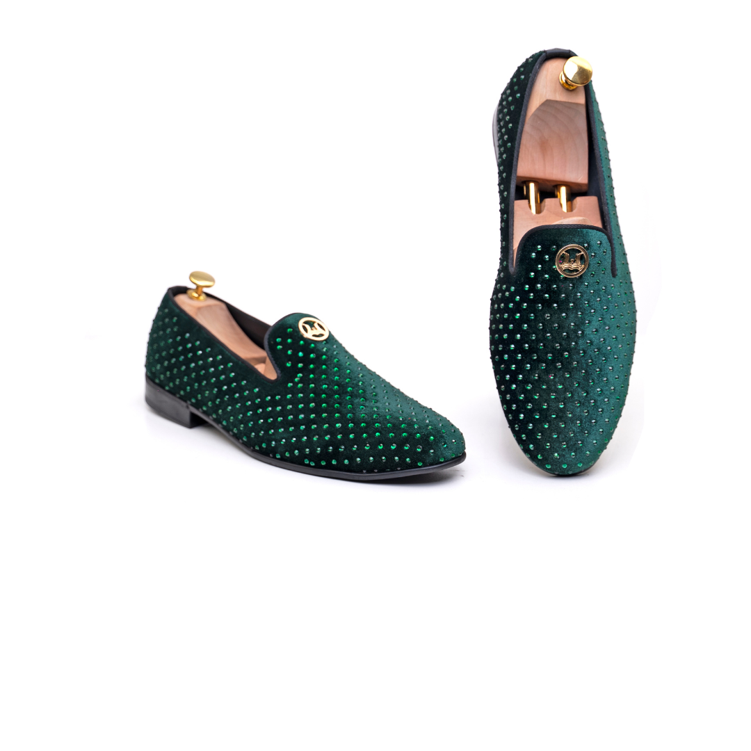 Grande Crystal Velvet Loafers: Green