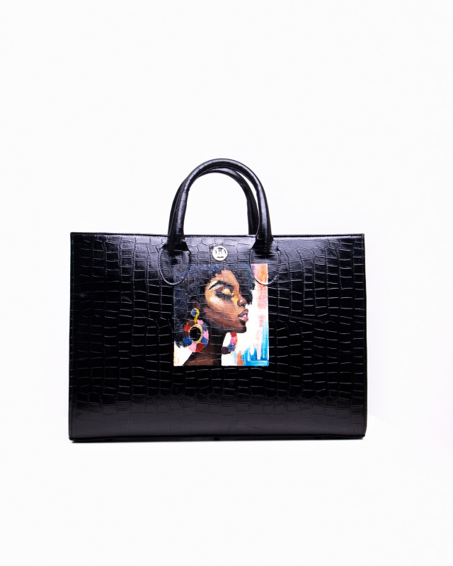 Midi Man Tote: Black Crocodile Print with Art #2