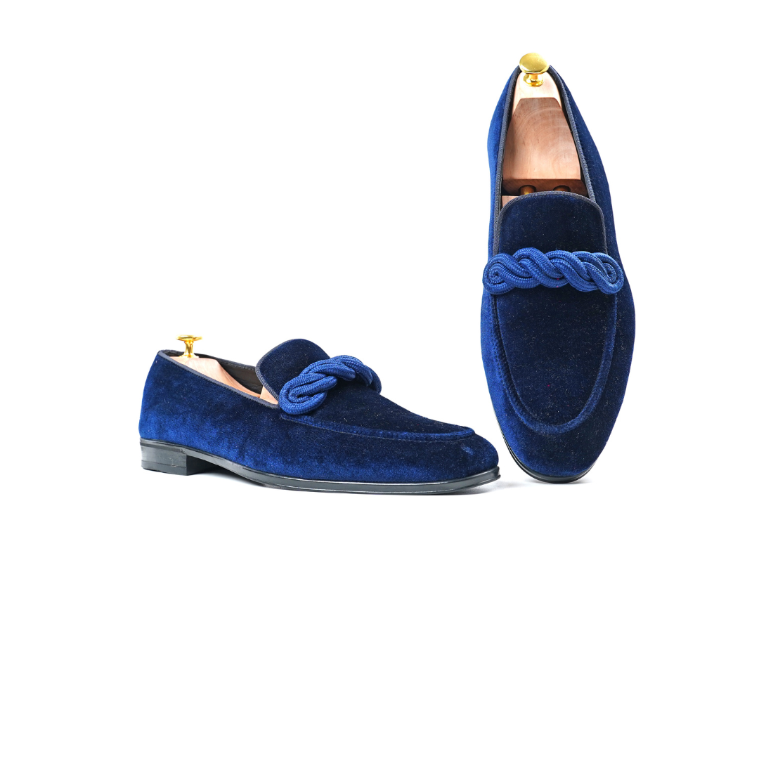 Velvet Loafers: Blue with Ribbon