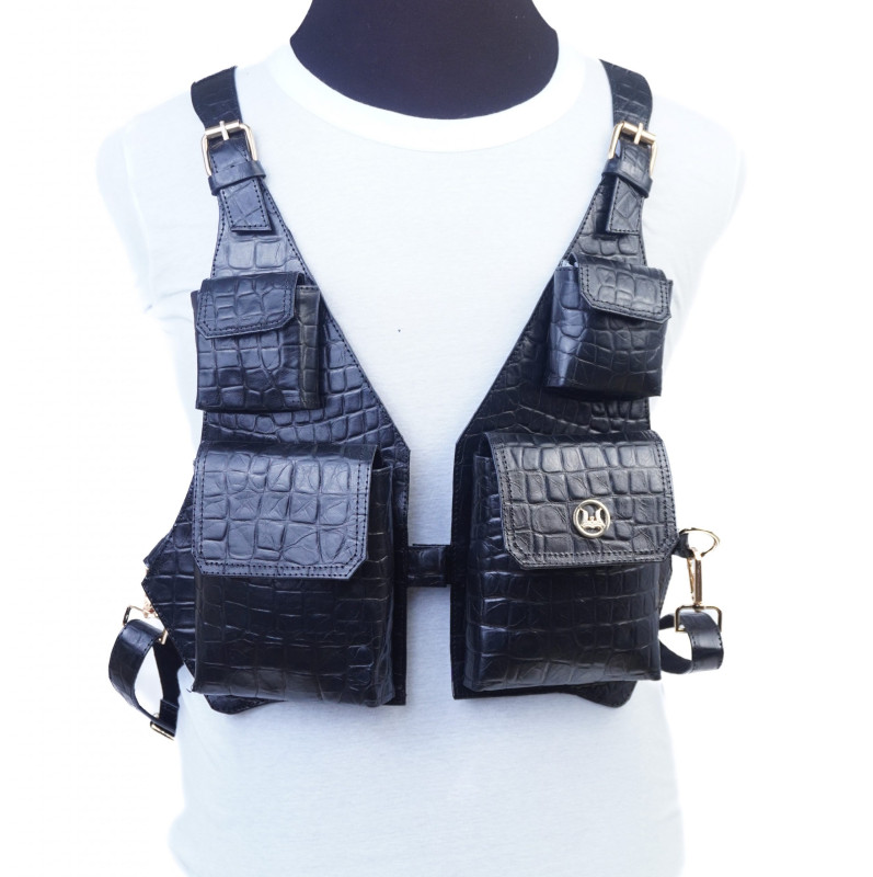 Utility Vest: Black Crocodile Print w./ Four Pockets