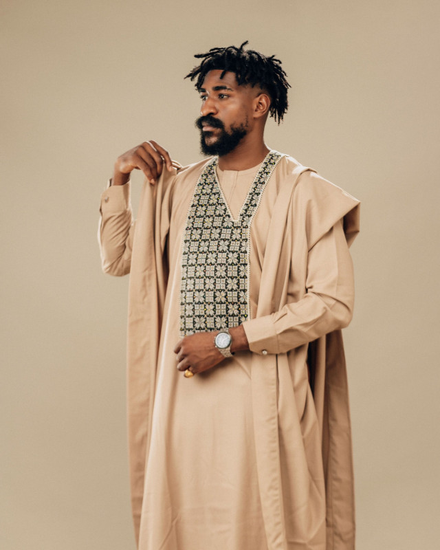 Agbada: Beige Embroidered with Crystal Stones