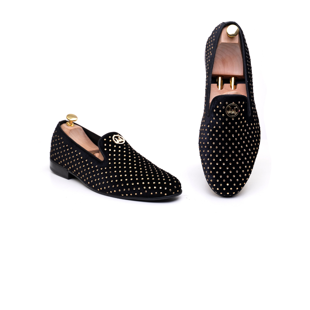 Grande Crystal Velvet Loafers: Black and Gold