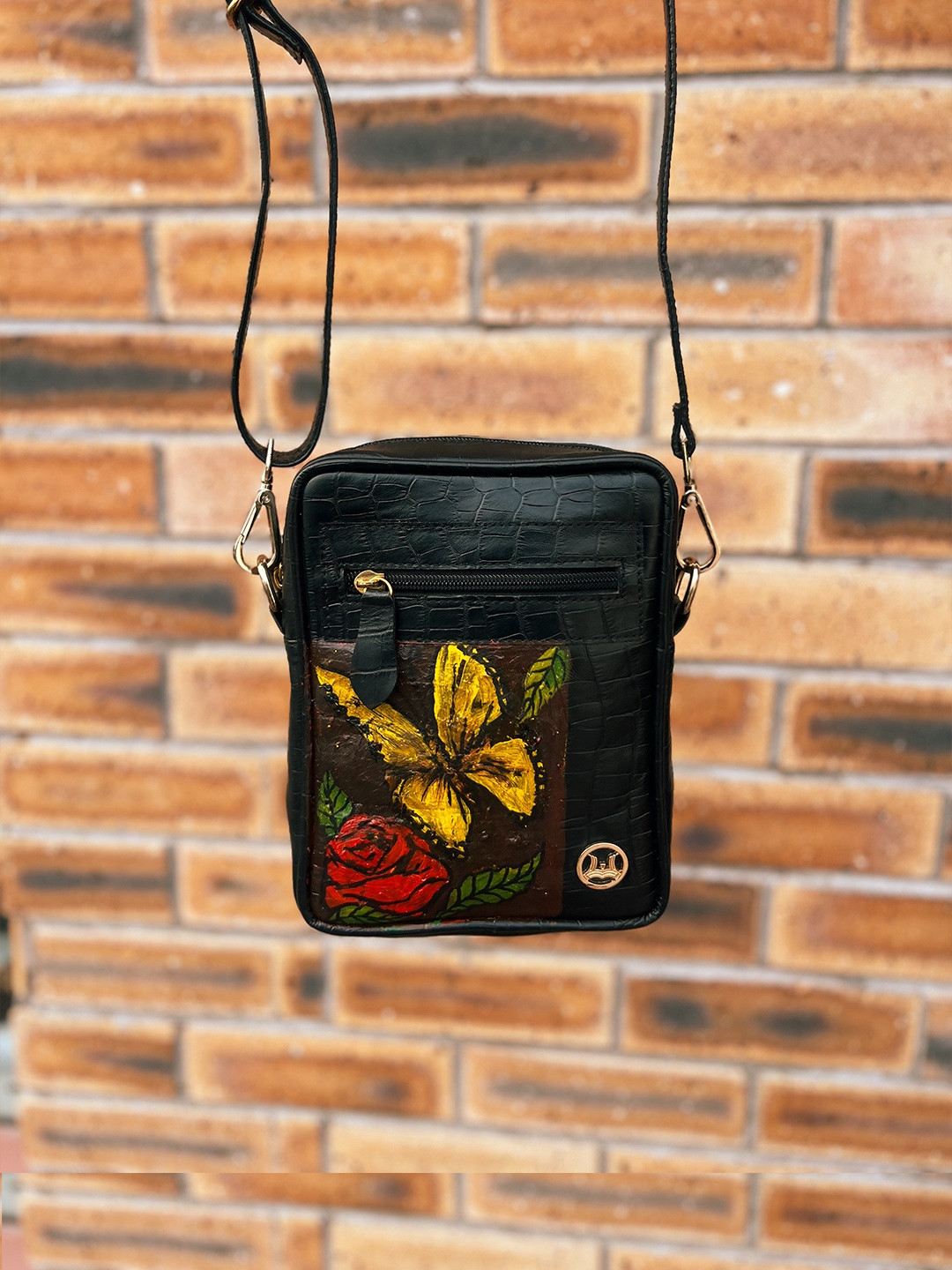 Cross Body Bag: Black Crocodile Print Meets Art #1