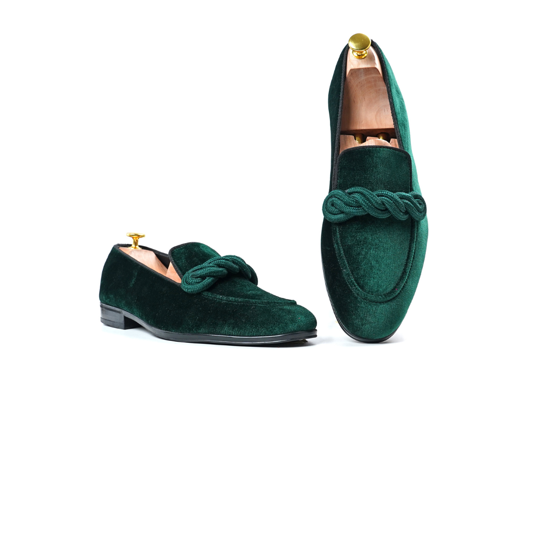 Velvet Loafers: Green with Ribbon