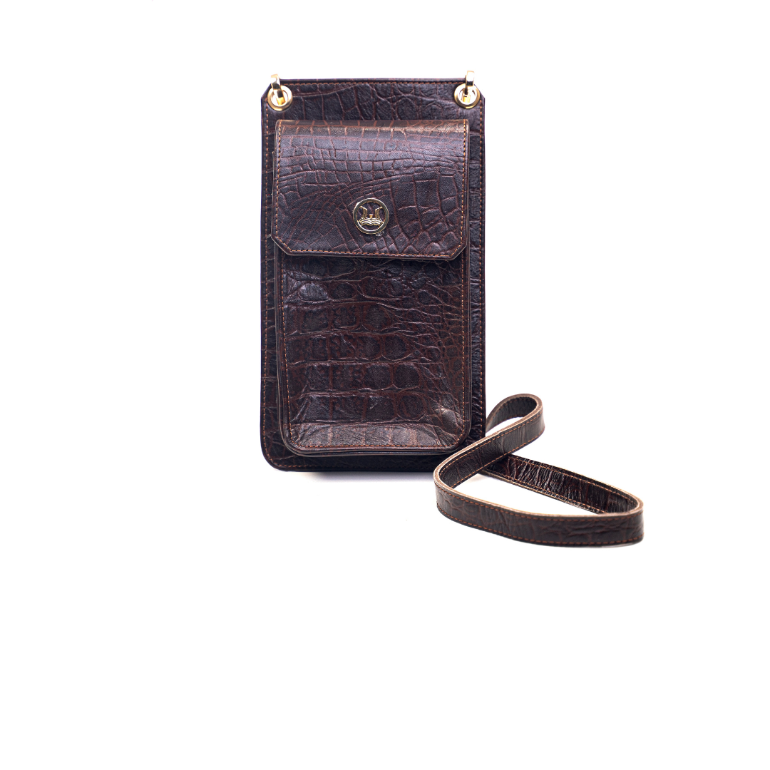 Cross Body Pouch: Dark Brown Crocodile Print