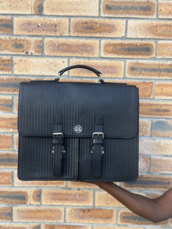 Satchel Work Case: Black Basket Woven Leather with Double Pockets