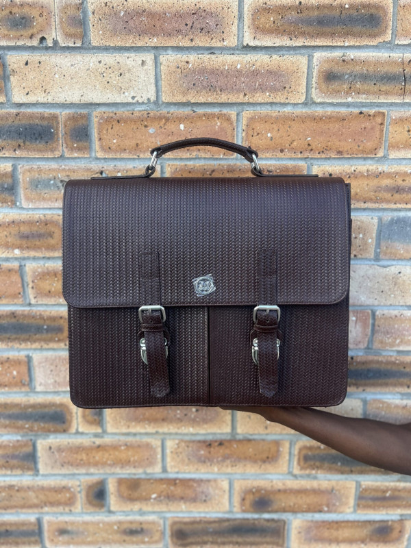 Satchel Work Case: Brown Basket Woven Leather with Double Pockets